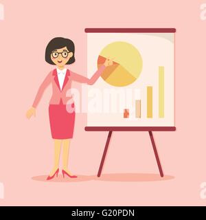 Imprenditrice dando la presentazione con il grafico a torta e il grafico a barra su sfondo rosa illustrazione vettoriale. Illustrazione Vettoriale