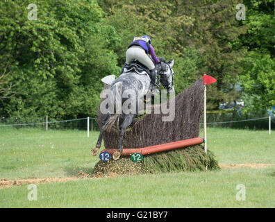 Rockingham, Corby, Regno Unito. 22 Maggio, 2016. Georgie Strang sulla Cyber Rocket salta la tripla bush ostacolo durante il cross country evento della International Horse Trials a Rockingham, Corby, Inghilterra, domenica 22 maggio 2016. Credito: miscellanea/Alamy Live News Foto Stock