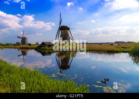 Mulini a vento riflessa nei canali olandesi a Kinderdijk, sito UNESCO nei Paesi Bassi Foto Stock
