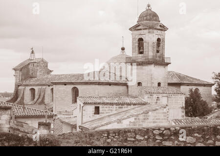 La cattedrale di Notre Dame des Pommiers Chiesa, Beaucaire, Provenza, Francia in bianco e nero tonalità seppia Foto Stock