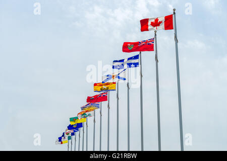 Immagine della bandiera canadese lungo con le bandiere delle dieci province canadesi e 3 territori canadesi, di Ottawa in Canada Foto Stock