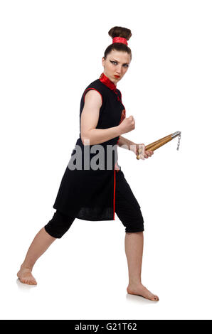 Funny donna con nunchucks isolato su bianco Foto Stock