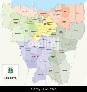 Jakarta mappa amministrativa con bandiera Illustrazione Vettoriale