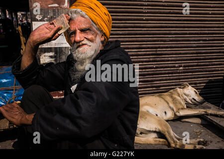 Uomo con denaro accanto a un cane di pelo di Delhi, India Foto Stock