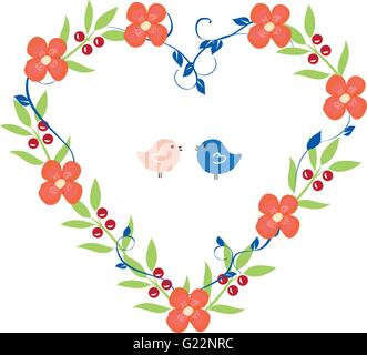 Illustrazione vettoriale di cuore floreale corona con gli uccelli Illustrazione Vettoriale