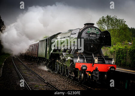 Flying Scotsman vapori attraverso la stazione di Dunbridge Foto Stock