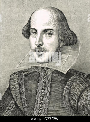William Shakespeare, il bardo di Avon, 1564-1616. Le illustrazioni incise dopo il ritratto di Martin Droeshout per la prima custodia folio pubblicato nel 1623. Foto Stock