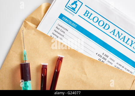 Il sangue il rapporto di prova in una busta con fiale e siringa con il prelievo di campioni di sangue su bianco tavolo in vetro. Composizione orizzontale. Parte superiore Foto Stock