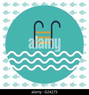 Illustrazione astratta con una scaletta per piscina e acqua con onde in un round cornice verde, su un fondo bianco con il pesce. Digita Illustrazione Vettoriale