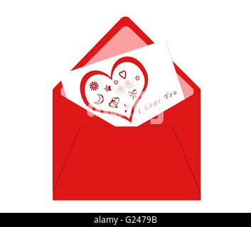 Cartolina con busta rossa e il cuore Foto Stock