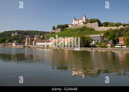 Il Festung Marienberg Fortezza, fiume principale, Würzburg, Franconia, Baviera, Germania Foto Stock