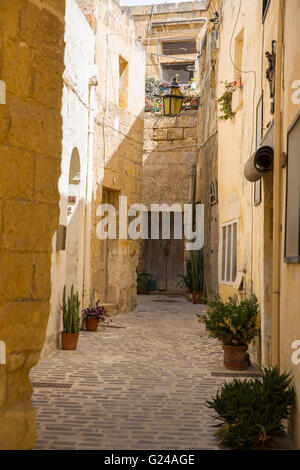 Una strada stretta di case tradizionali in Victoria, la capitale di Gozo, Malta Foto Stock