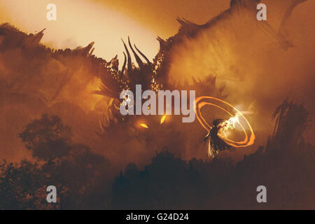 La chiamata del drago,mago citazione monster,stregone lancia un incantesimo Foto Stock