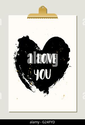 Moderna ed elegante per San Valentino biglietto di auguri Modello. Disegnato a mano cuore nero e mano letterati testo "ti amo". Illustrazione Vettoriale