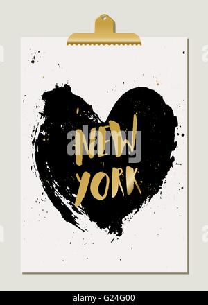 Moderna ed elegante New York poster modello. Disegnato a mano cuore nero, mano letterati di lamina di oro testo, golden clip. Oro e Bianco Illustrazione Vettoriale