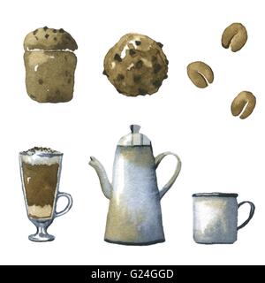 Serie di acquerelli di illustrazioni sul tema del caffè. Foto Stock