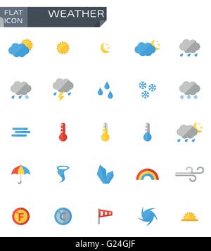Piatto di vettore icone meteo impostato su bianco bacground. Illustrazione Vettoriale