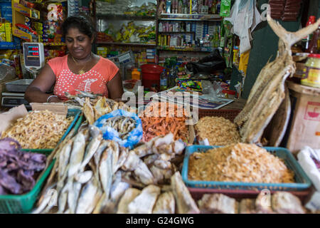 Tangalle , città nel distretto di Hambantota, sud della provincia, Sri Lanka. Una donna vende pesce essiccati nel mercato Foto Stock