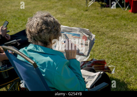 Una signora controlla il modulo guida a Chester Racecourse, Chester, Cheshire, Regno Unito Foto Stock