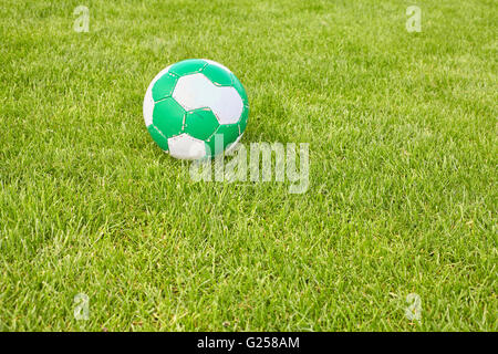 Usato Pallone da calcio in erba, spazio per il testo, la profondità di campo. Foto Stock