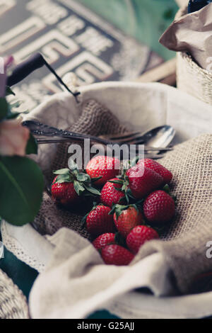 Fragole appena raccolte nel recipiente Foto Stock