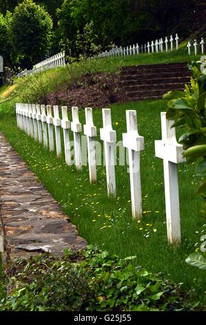 La linea della croce bianca con un francese cimitero militare Foto Stock