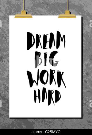 Preventivo motivazionale poster con golden fermi contro un vecchio muro di cemento. 'Dream grande lavorare duro' pennello letterati preventivo. Illustrazione Vettoriale