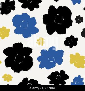 Seamless modello di ripetizione con dipinto a mano fiori in nero, blu e giallo. Illustrazione Vettoriale