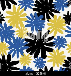 Seamless modello di ripetizione con dipinto a mano fiori in nero, blu e giallo. Illustrazione Vettoriale