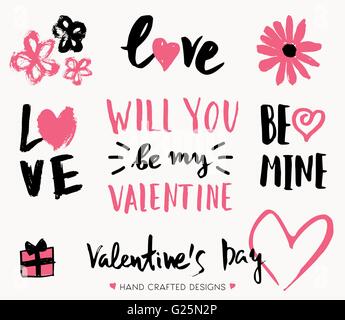Un set di carino e moderno design tipografiche per il giorno di San Valentino. Disegnata a mano elementi e scritte disegni in bianco e nero e il pin Illustrazione Vettoriale