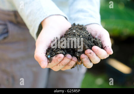 Childs mani tenendo una manciata di suolo al di fuori Foto Stock