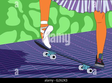 Le gambe di una ballerina su uno skateboard. I piedi calzati in sneakers e scarpe da ballo. Moderna moda. La Pop art style. Vettore Illustrazione Vettoriale