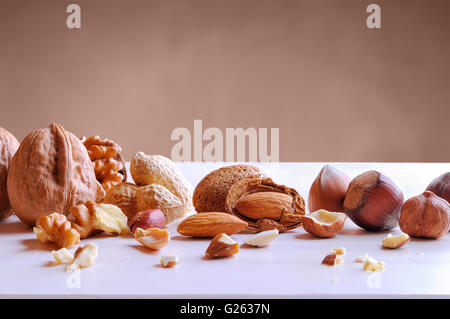 Gruppo dadi gustosi in guscio e sgusciati su un bianco tavolo in legno marrone con gradiente dello sfondo vista frontale Foto Stock