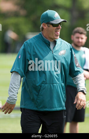 Philadelphia, Pennsylvania, USA. Xxiv Maggio, 2016. Philadelphia Eagles head coach Doug Pederson reagisce durante l'OTA al NovaCare Complex di Philadelphia, Pennsylvania. Christopher Szagola/CSM/Alamy Live News Foto Stock