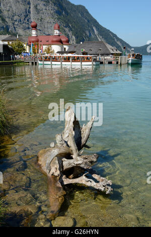 Schonau am Konigssee, Germania - 30 agosto 2015: Albero appassito root, barche e San Bartholoma chiesa al lago Koenigssee vicino a S Foto Stock