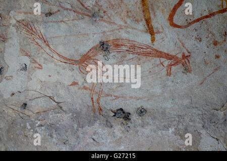 Antichi dipinti Aborigeni delle caverne noto come "arte rupestre" trovata a Mount Borradaile, a ovest di Arnhem Land, Territorio del Nord, l'Australia Foto Stock