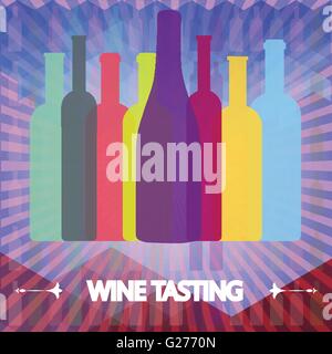 Degustazione di vino scheda, bottiglie colorate su acque colore sfondo con linee. Vettore digitale dell'immagine. Illustrazione Vettoriale