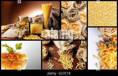 Collage con vari tipi di paste alimentari non cotte con bianco e marrone di sfondo Foto Stock