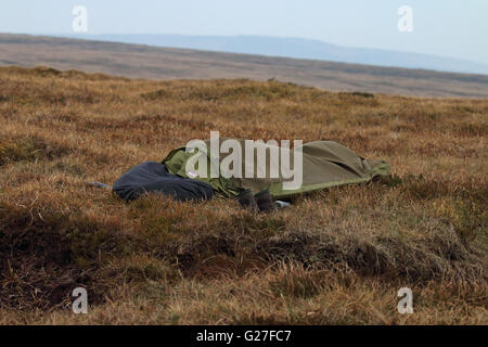 Qualcuno campeggio selvaggio sotto un sacchetto bivvy addormentato sul bleaklow mori sopra glossop Foto Stock