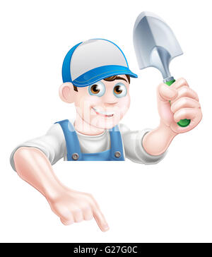 Felice mascotte di giardinaggio uomo giardiniere tenendo un giardino cazzuola spade e puntando il dito verso il basso Foto Stock