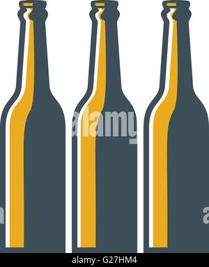 Illustrazione di tre bottiglie di birra lungo collo di bottiglie, visto dal lato anteriore impostato su isolato sfondo bianco fatto in stile retrò. Illustrazione Vettoriale