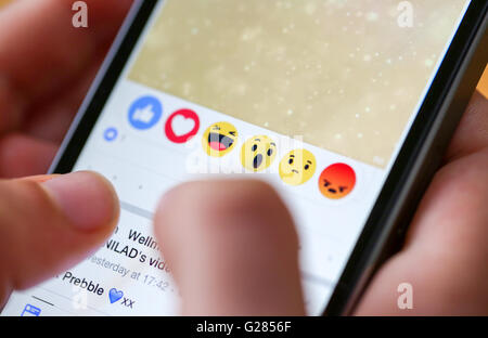 Un adolescente utilizzando reazioni su facebook app su un telefono intelligente Foto Stock