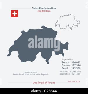Confederazione Svizzera isolato mappe e bandiera ufficiale icona. vettore politico svizzero le icone della mappa con informazioni di carattere generale. Svizzera Illustrazione Vettoriale