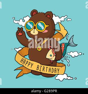 Illustrazione Vettoriale del simpatico orso tenendo il pesce come dono personaggio dei fumetti con nastro di testo per il compleanno della scheda Messaggi di saluto Illustrazione Vettoriale