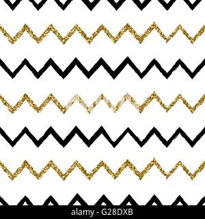 Seamless chevron pattern in nero e oro glitter su sfondo bianco. Illustrazione Vettoriale