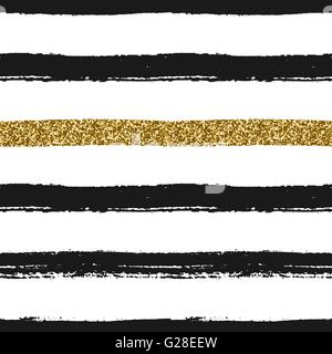 Seamless modello di ripetizione con pennellate di colore nero e oro glitter su sfondo bianco. Illustrazione Vettoriale
