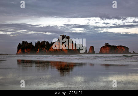 WA12649-00...WASHINGTON - Early Morning sun sull Isola James da Rialto Beach nel Parco Nazionale di Olympic. Foto Stock