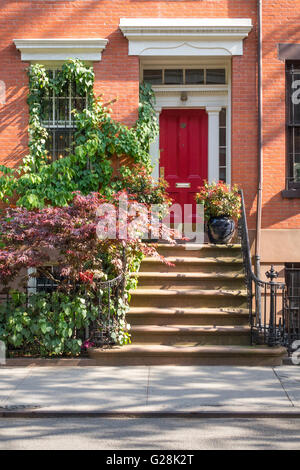 Un classico vecchio arenaria home su Perry Street nel Greenwich Village di New York City con piante Foto Stock