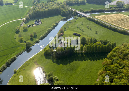 Vista aerea, Hotel Restaurant zur castello di rumore sul labbro, Olfen, Lippe Lippeauen, Lippe corso, Münsterland campagna, Foto Stock