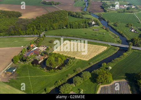 Vista aerea, Hotel Restaurant zur castello di rumore sul labbro, Olfen, Lippe Lippeauen, Lippe corso, Münsterland campagna, Foto Stock